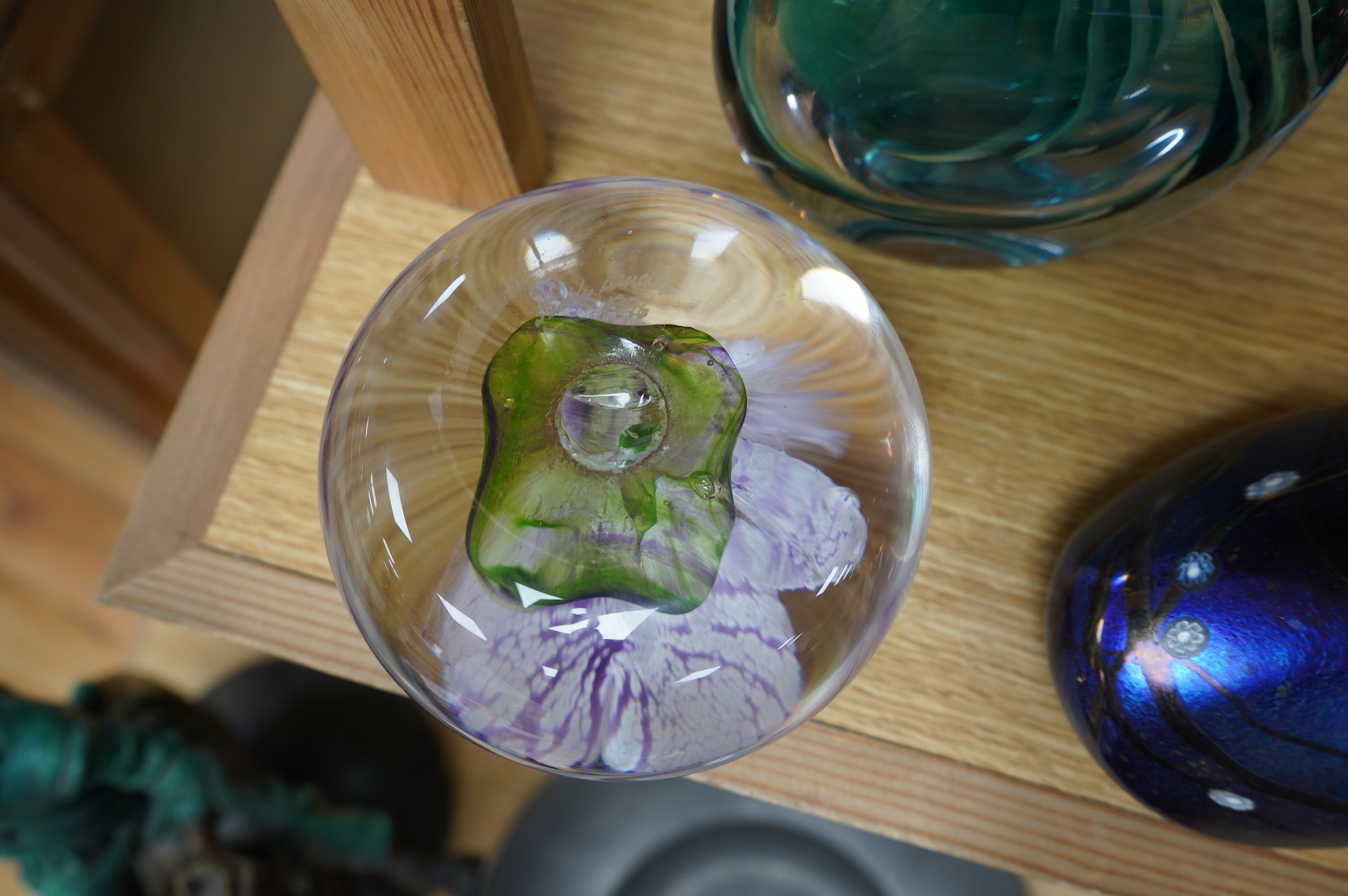 Two Siddy Langley glass paperweights and a contemporary glass vase, 12.5cm tall. Condition - good